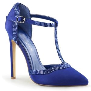 NEW Pleaser Sexy-25 Royal Blue Satin Rhinestone T-Strap Pump 5 Inch Heel Shoe 7